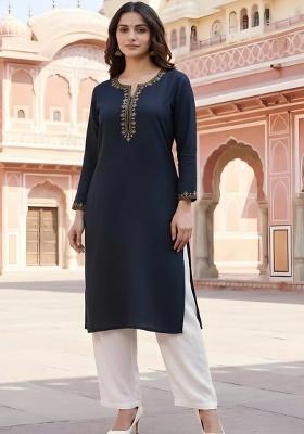 Navy Blue Embroidery Rayon Kurta Set