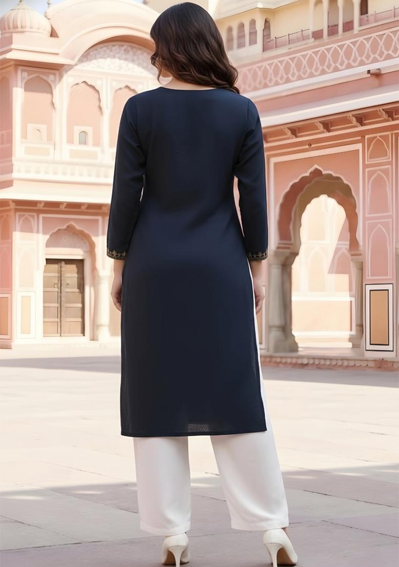 Navy Blue Embroidery Rayon Kurta Set - Indya