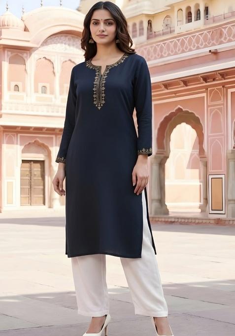 Navy Blue Embroidery Rayon Kurta With Duppatta