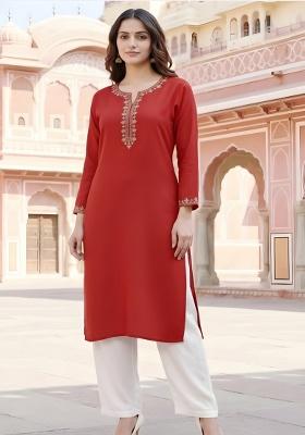 Red Embroidery Rayon Kurta Set