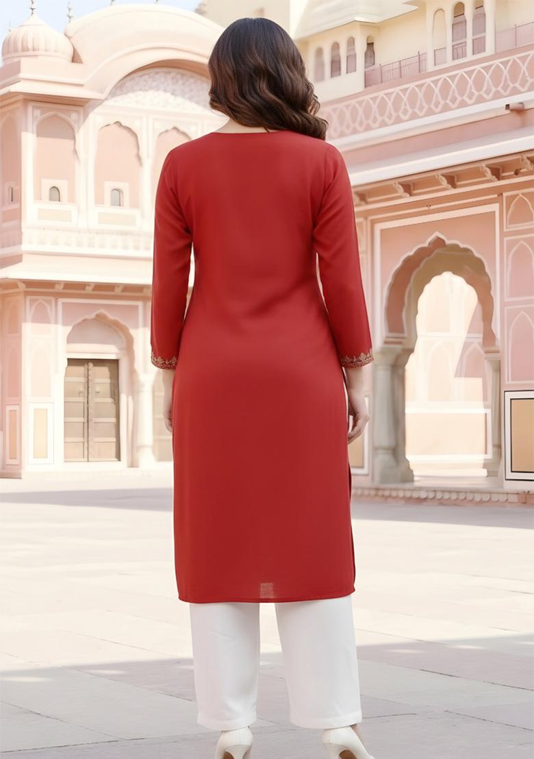 Red Embroidery Rayon Kurta Set - Indya