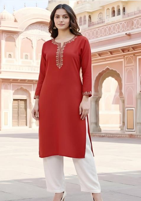 Red Embroidery Rayon Kurta With Duppatta