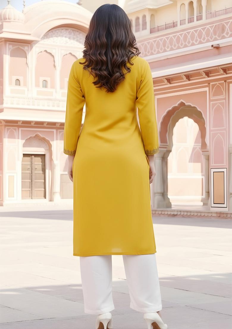 Yellow Embroidery Rayon Kurta Set - Indya