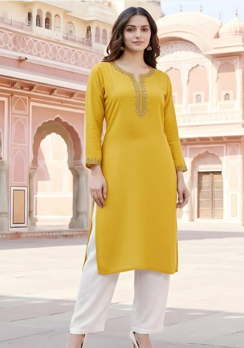 Yellow Embroidery Rayon Kurta With Duppatta