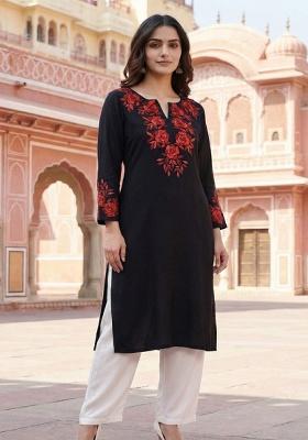 Black Embroidery Rayon Kurta Set