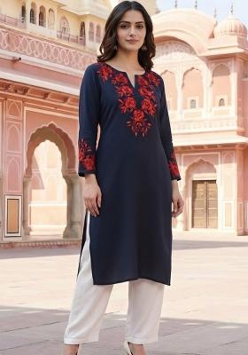 Navy Blue Embroidery Rayon Kurta Set