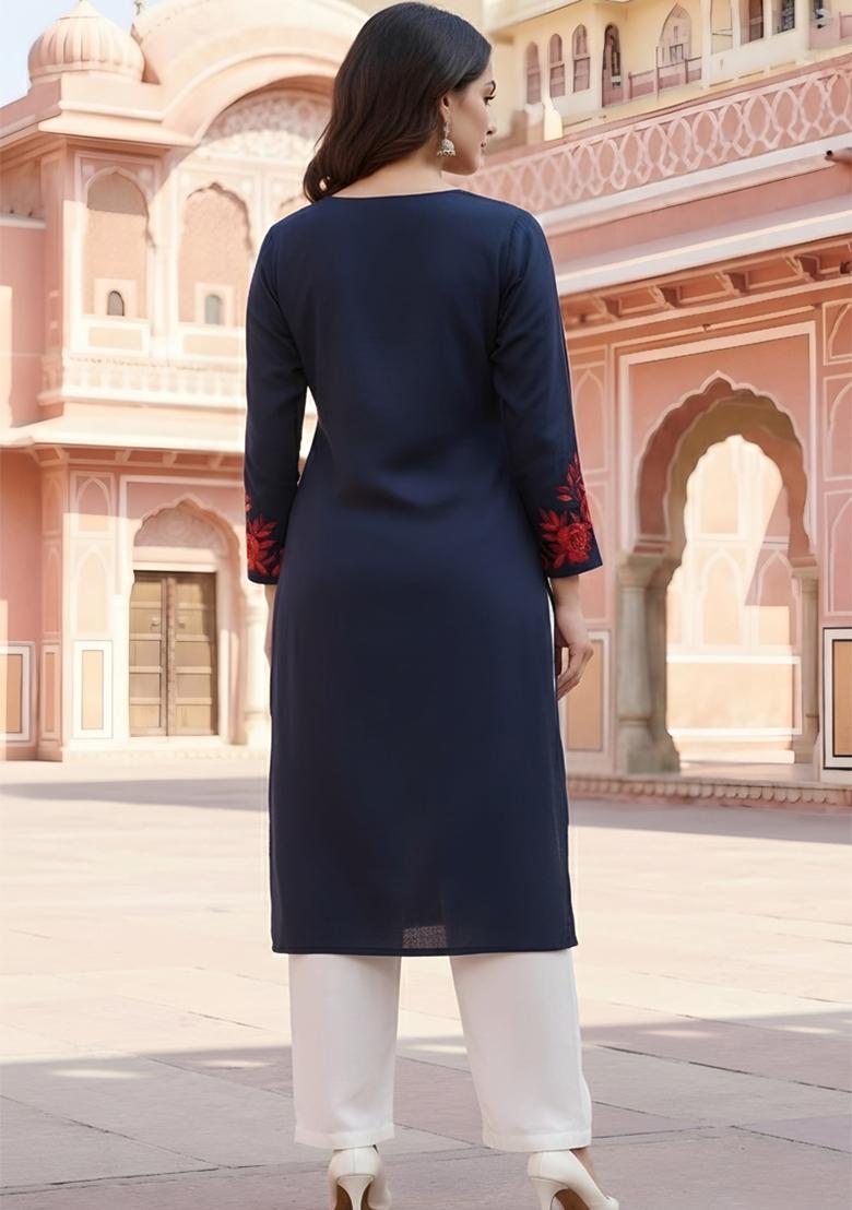 Navy Blue Embroidery Rayon Kurta Set - Indya