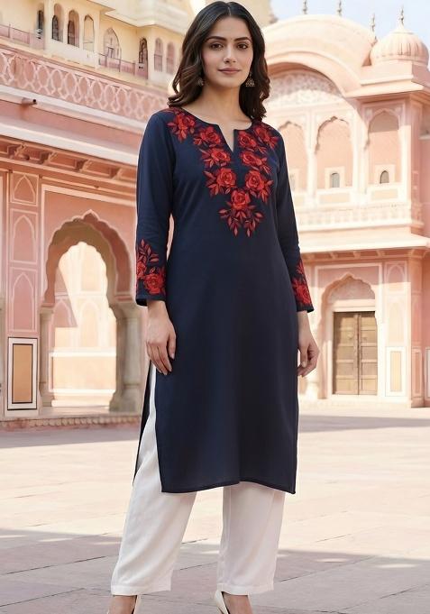 Navy Blue Embroidery Rayon Kurta With Duppatta