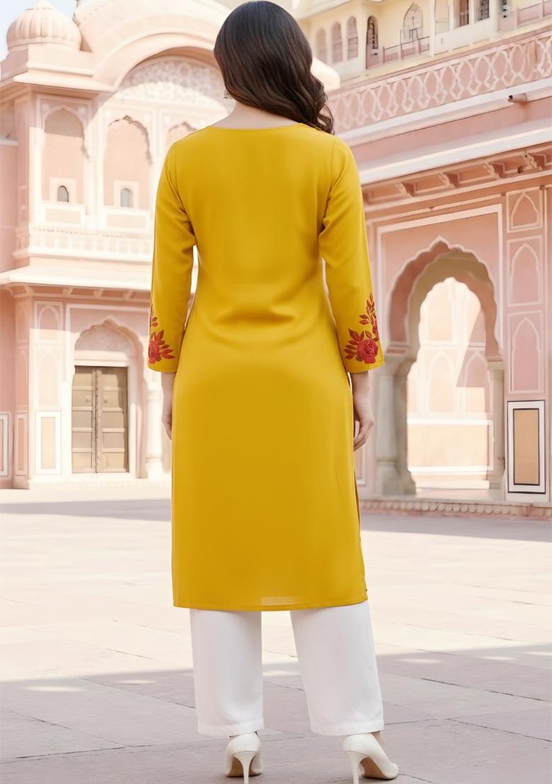 Yellow Embroidery Rayon Kurta Set - Indya