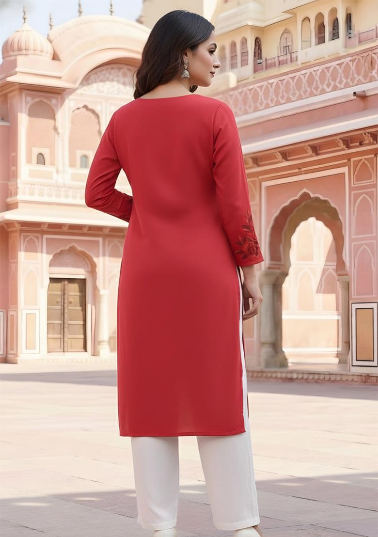 Red Embroidery Rayon Kurta Set - Indya