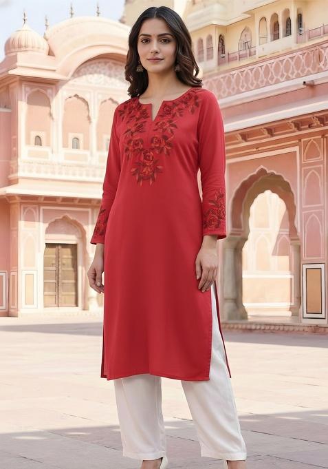 Red Embroidery Rayon Kurta With Duppatta