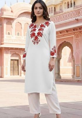 White Embroidery Rayon Kurta Set