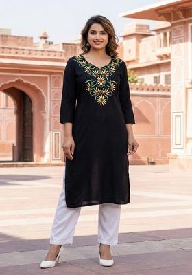 Black Embroidery Rayon Kurta Set