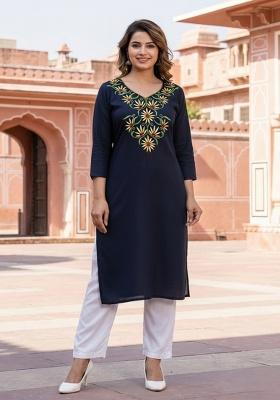 Navy Blue Embroidery Rayon Kurta Set