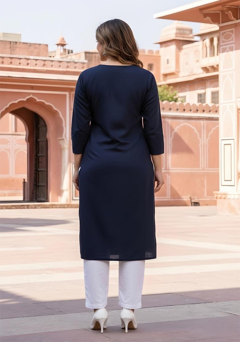 Navy Blue Embroidery Rayon Kurta Set - Indya