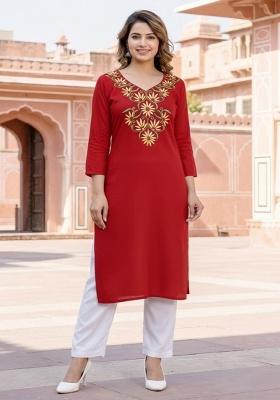 Red Embroidery Rayon Kurta Set