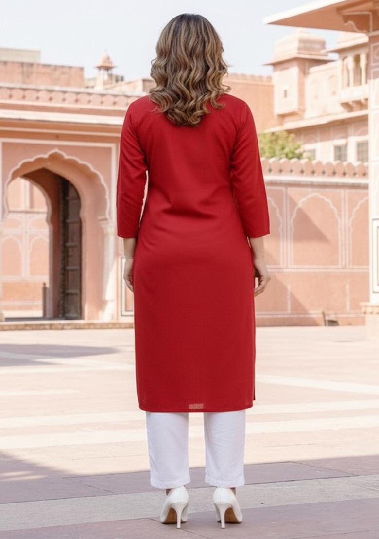 Red Embroidery Rayon Kurta Set - Indya