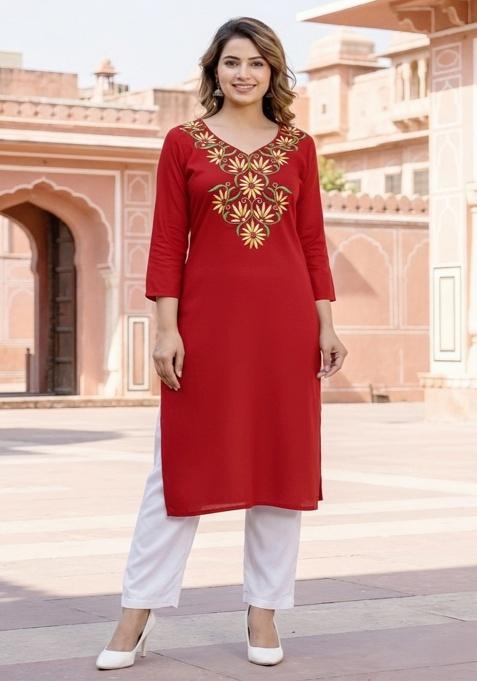 Red Embroidery Rayon Kurta With Duppatta