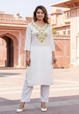 White Embroidery Rayon Kurta Set