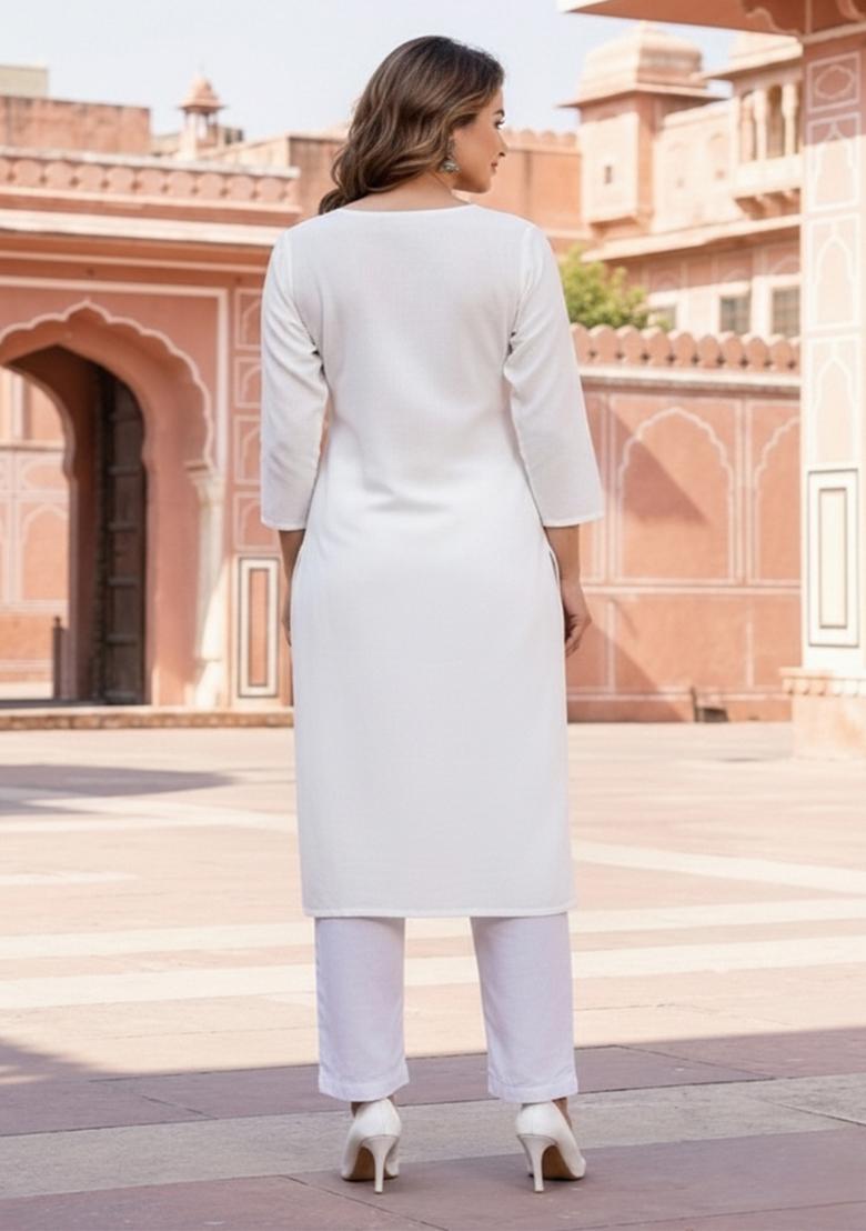 White Embroidery Rayon Kurta Set - Indya