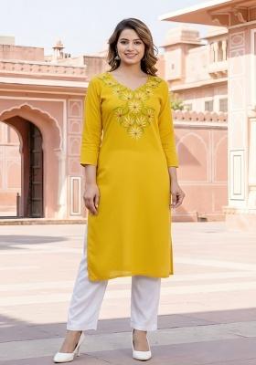 Yellow Embroidery Rayon Kurta Set