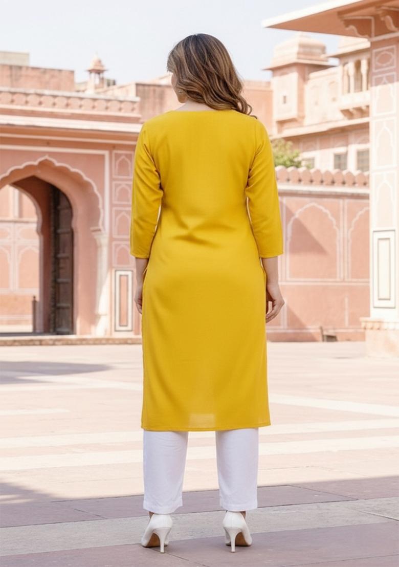 Yellow Embroidery Rayon Kurta Set - Indya