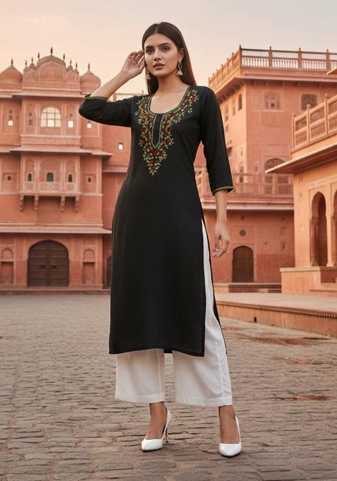 Black Embroidery Rayon Kurta With Duppatta