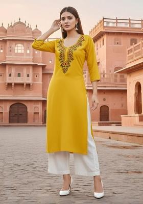 Yellow Embroidery Rayon Kurta Set
