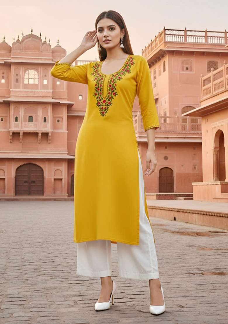 Yellow Embroidered Rayon Kurta Set - Indya