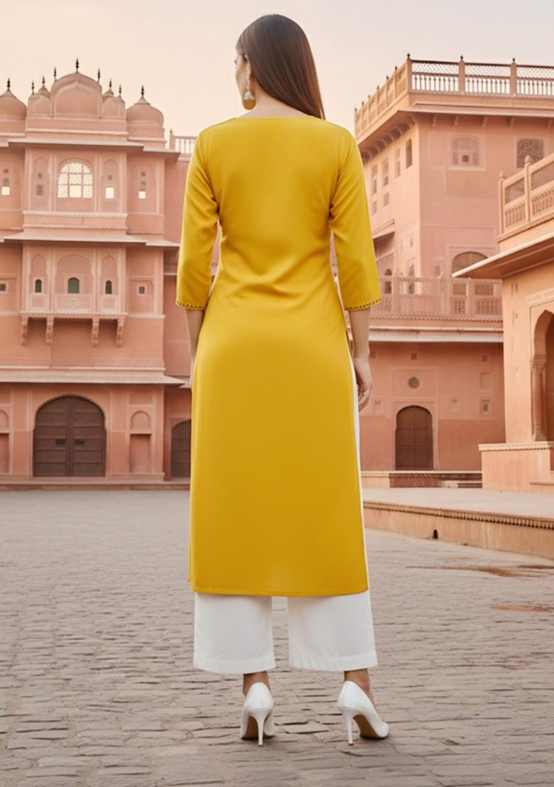 Yellow Embroidery Rayon Kurta Set - Indya