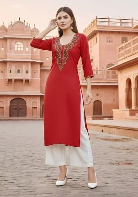 Red Embroidery Rayon Kurta Set