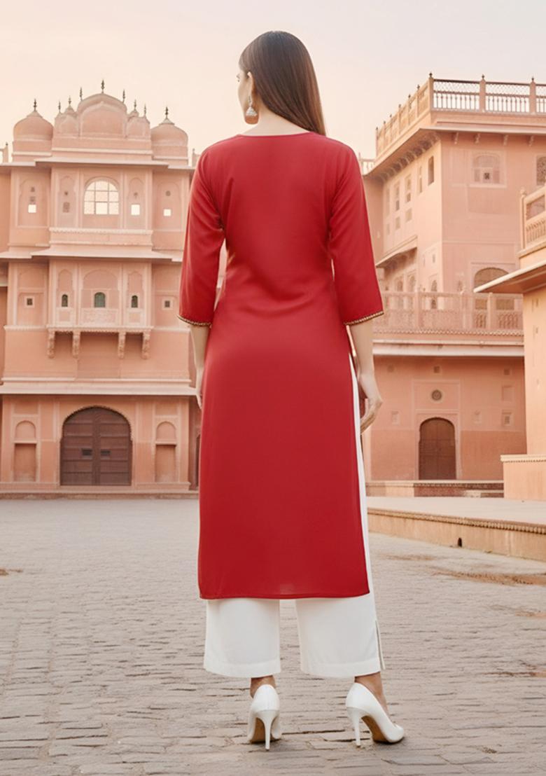 Red Embroidery Rayon Kurta Set - Indya