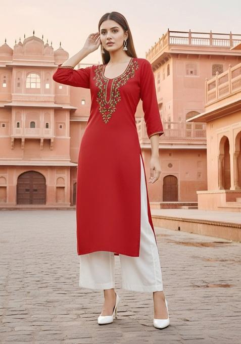 Red Embroidery Rayon Kurta With Duppatta