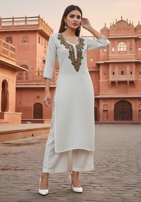 White Embroidery Rayon Kurta Set