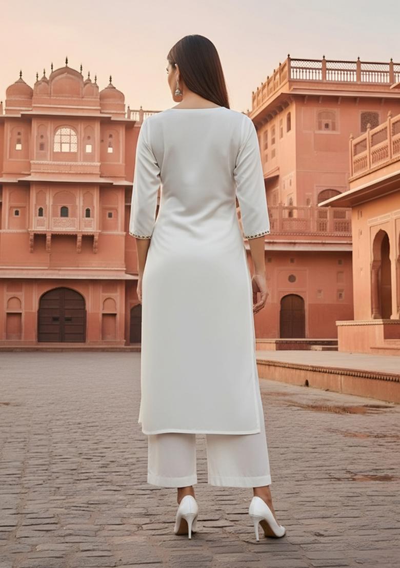 White Embroidery Rayon Kurta Set - Indya