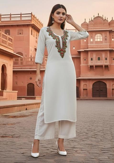 White Embroidery Rayon Kurta With Duppatta