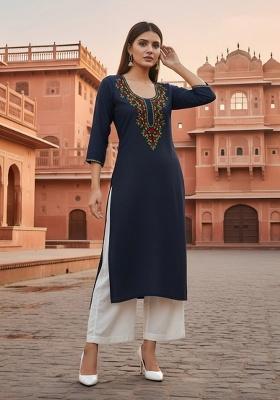 Navy Blue Embroidery Rayon Kurta Set