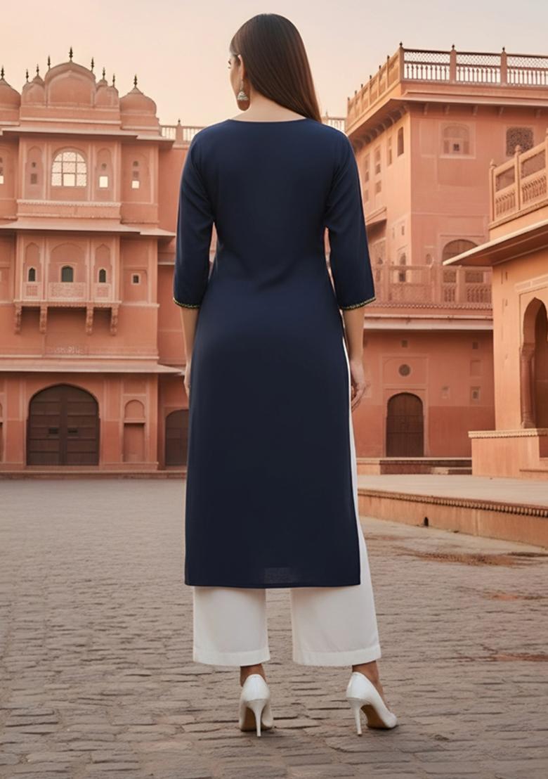 Navy Blue Embroidery Rayon Kurta Set - Indya