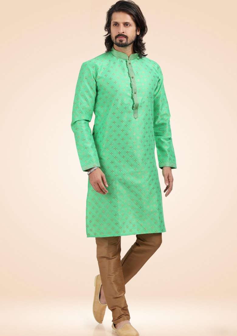 Green Embroidery Jacquard Kurta Set - Indya