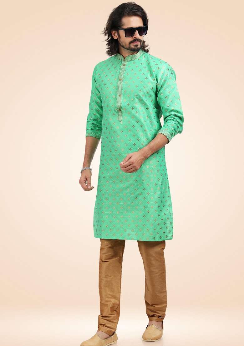 Green Embroidery Jacquard Kurta Set - Indya