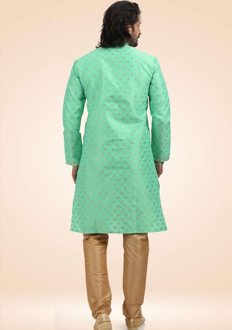 Green Embroidery Jacquard Kurta Set - Indya