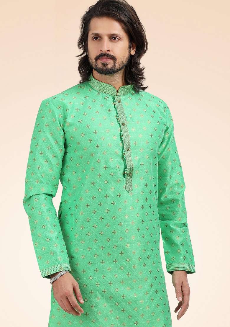 Green Embroidery Jacquard Kurta Set - Indya