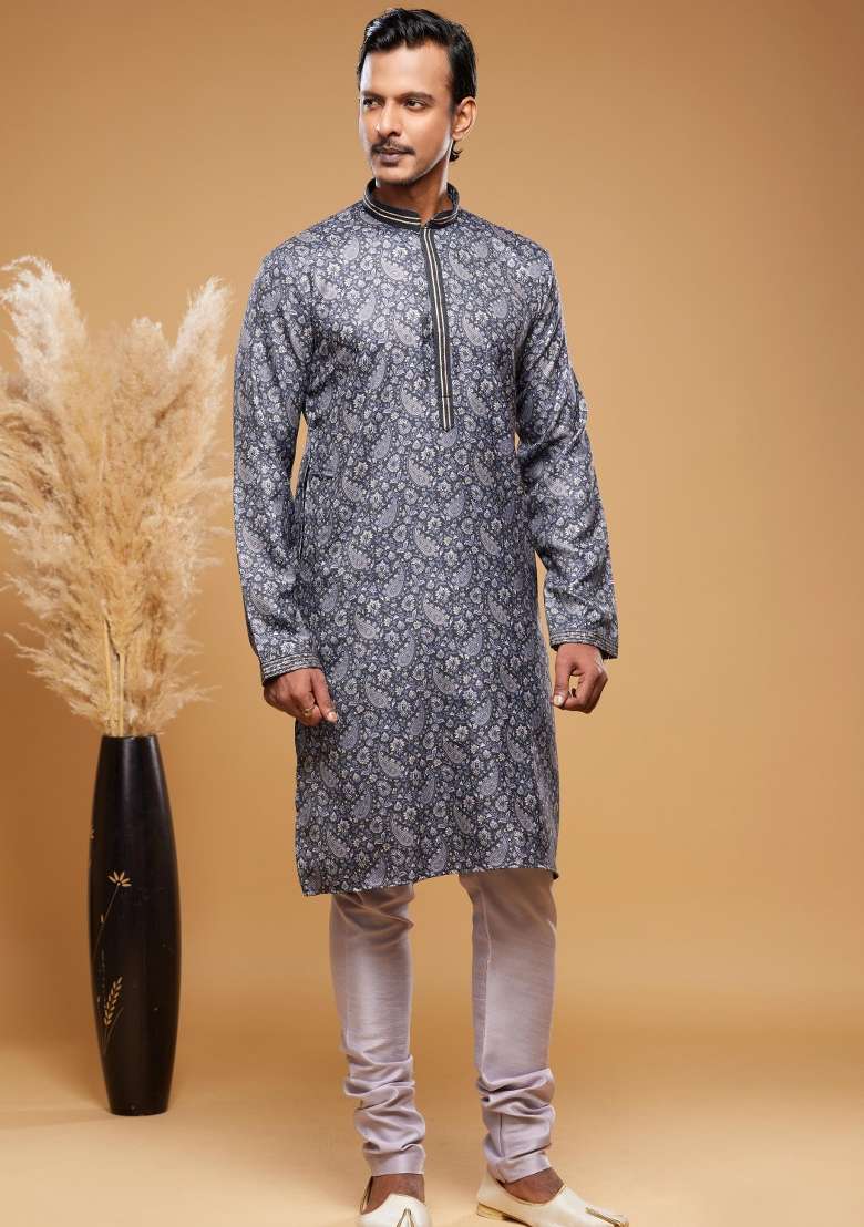 Grey Embroidery Silk Kurta Set - Indya