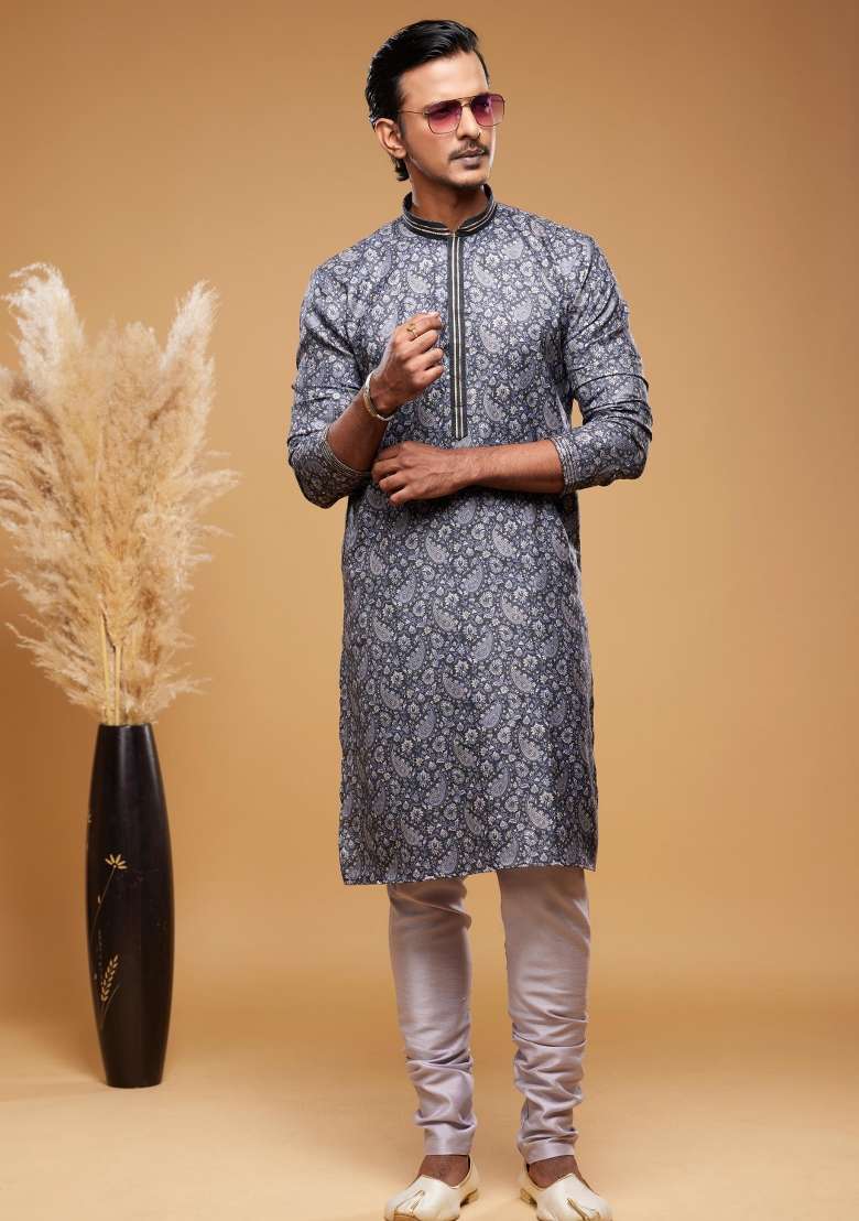 Grey Embroidery Silk Kurta Set - Indya