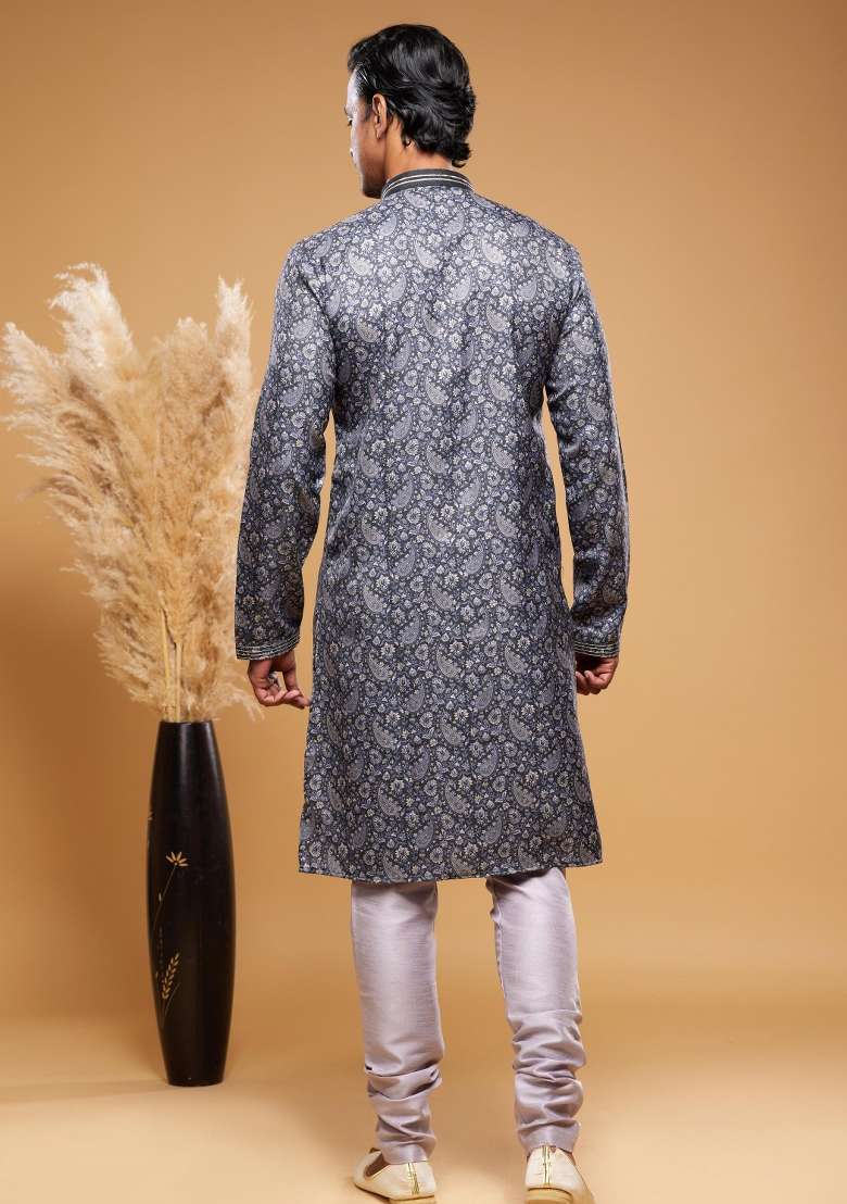 Grey Embroidery Silk Kurta Set - Indya