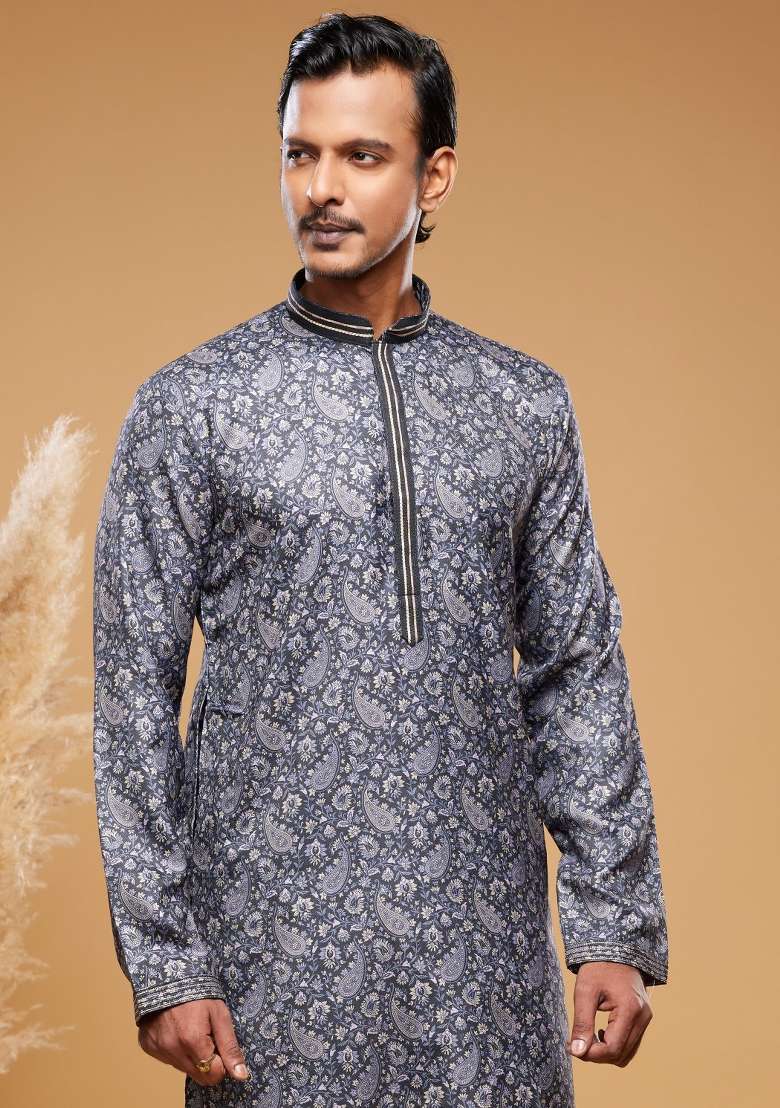 Grey Embroidery Silk Kurta Set - Indya