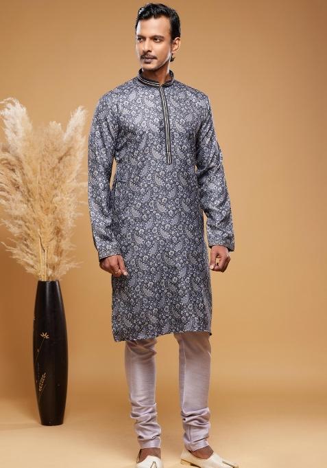 Grey Embroidery Silk Kurta Set