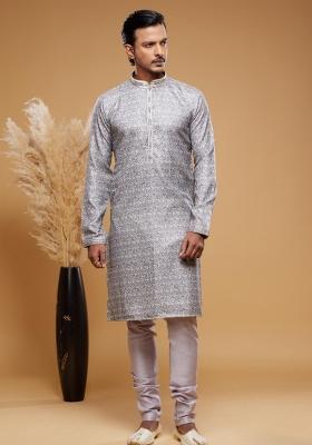 Grey Embroidery Silk Kurta Set