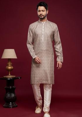 Brown Embroidery Silk Kurta Set