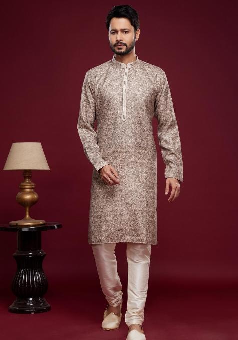 Brown Embroidery Silk Kurta Set